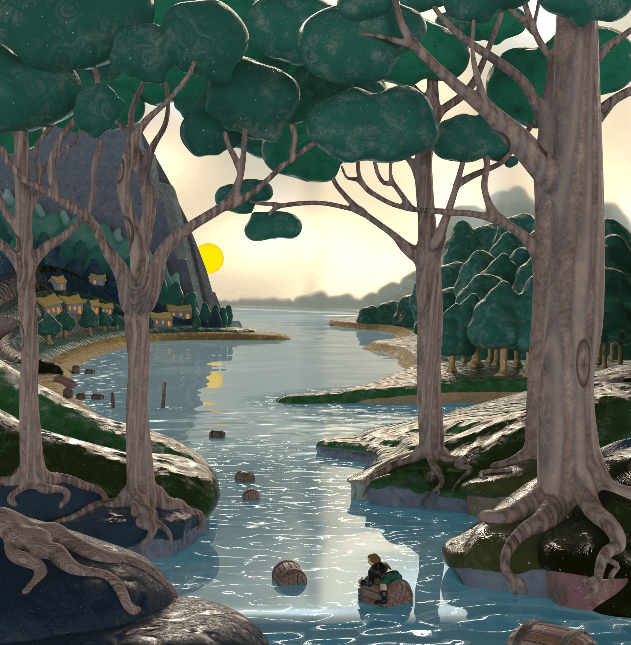 A 3D render reimagining the watercolor: "Bilbo comes to the Huts of the Raft-elves", by J.R.R. Tolkien. Made with Womp3D.